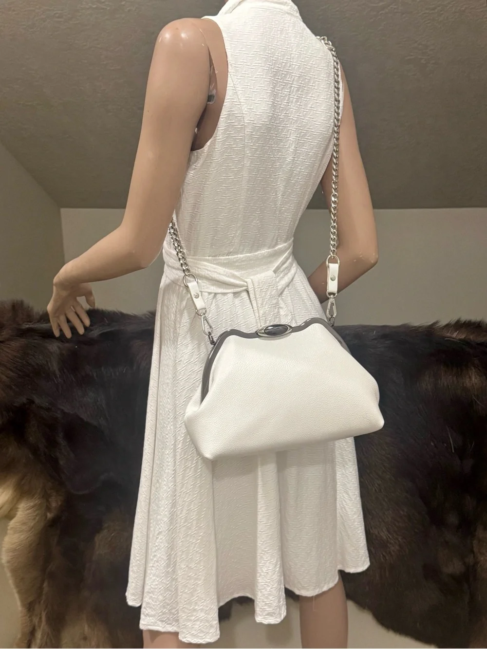 White Pebble Cowhide Handmade Custom Metal Frame Shoulder Bag, With 2 Straps